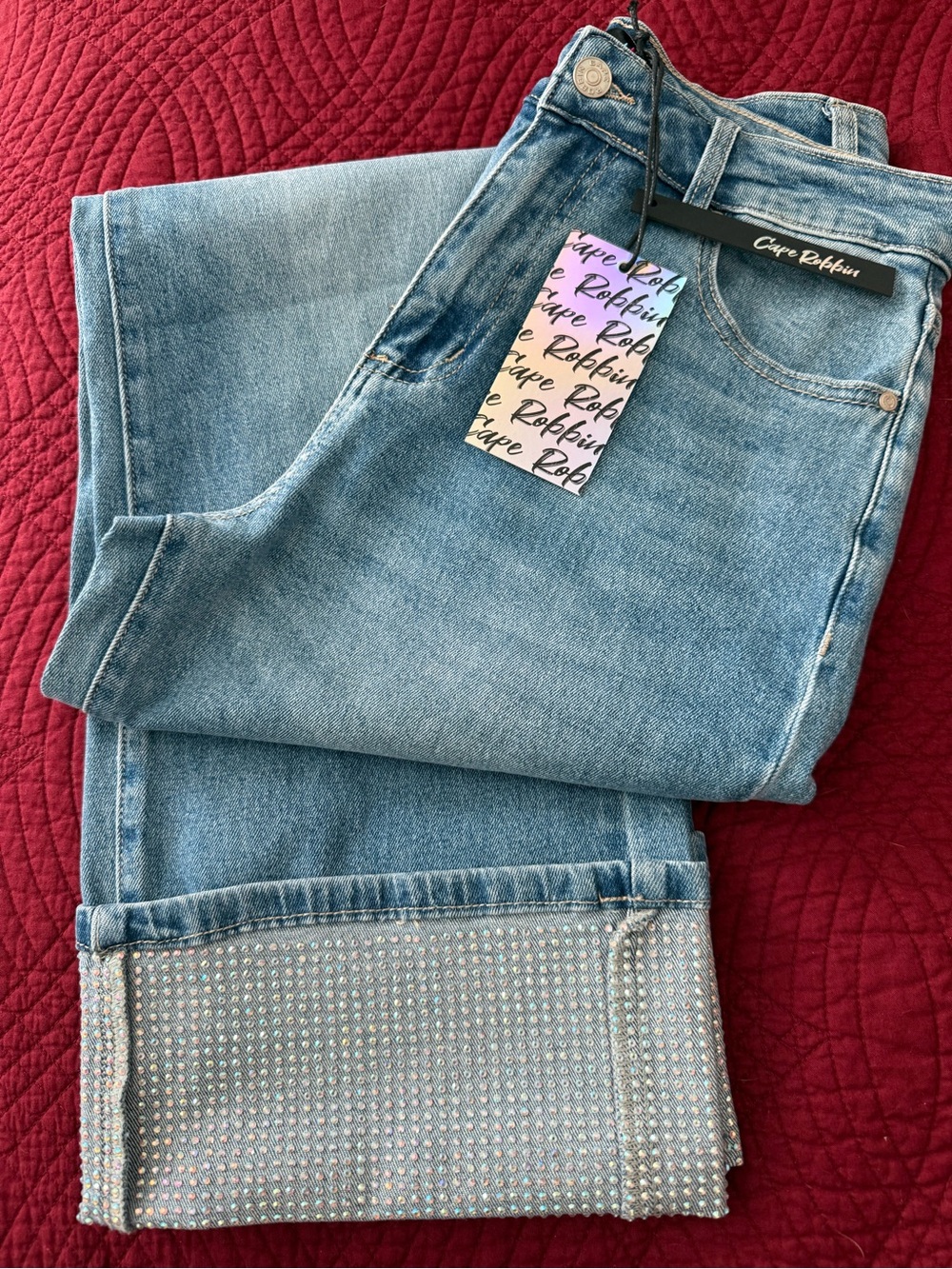 Cape Robbin Light Blue Cropped Jeans with Rhinestone Cuff